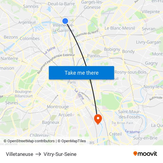 Villetaneuse to Vitry-Sur-Seine map