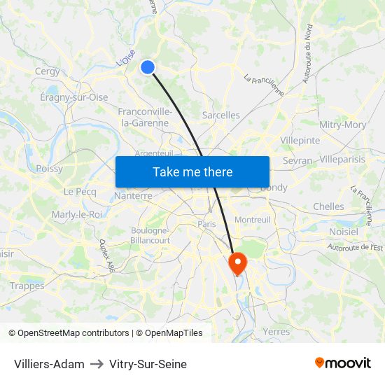 Villiers-Adam to Vitry-Sur-Seine map