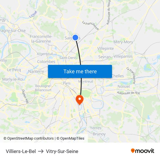 Villiers-Le-Bel to Vitry-Sur-Seine map