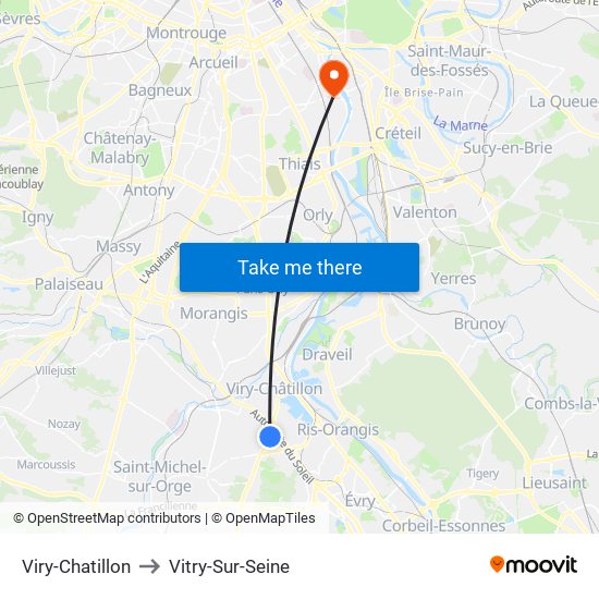 Viry-Chatillon to Vitry-Sur-Seine map