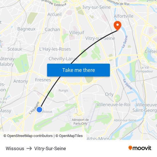 Wissous to Vitry-Sur-Seine map