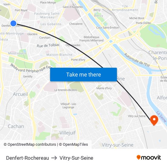 Denfert-Rochereau to Vitry-Sur-Seine map