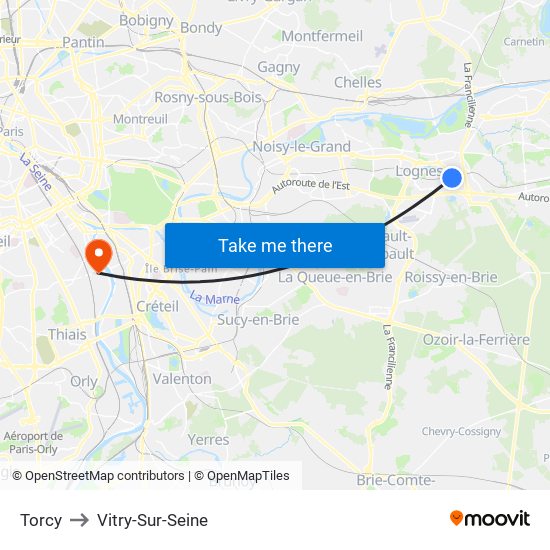 Torcy to Vitry-Sur-Seine map