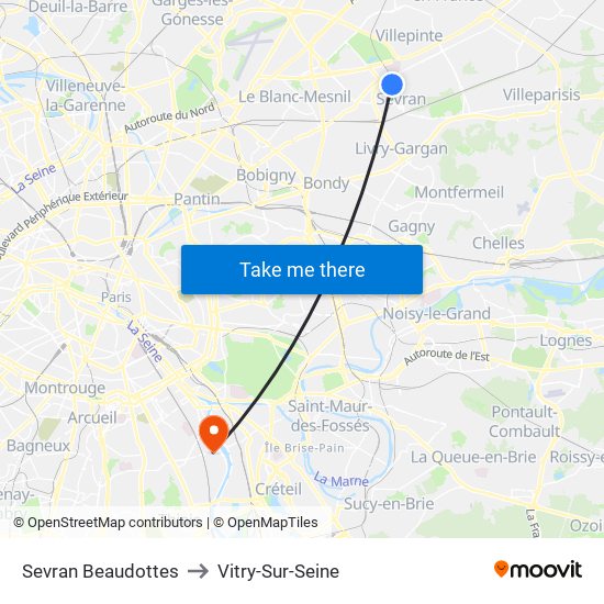 Sevran Beaudottes to Vitry-Sur-Seine map