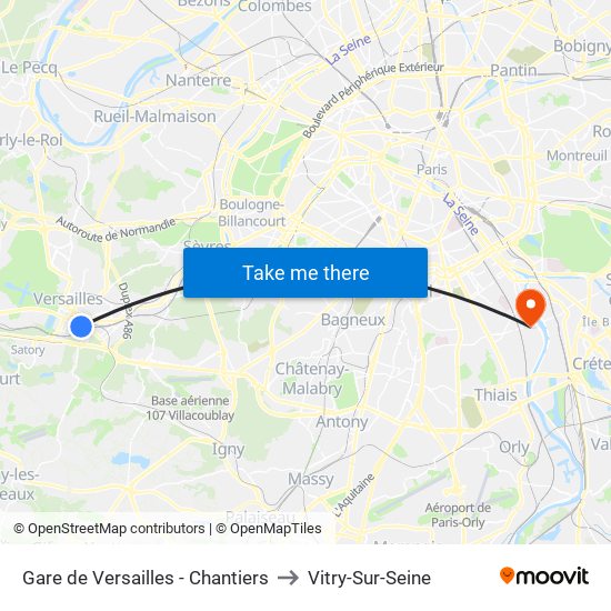 Gare de Versailles - Chantiers to Vitry-Sur-Seine map