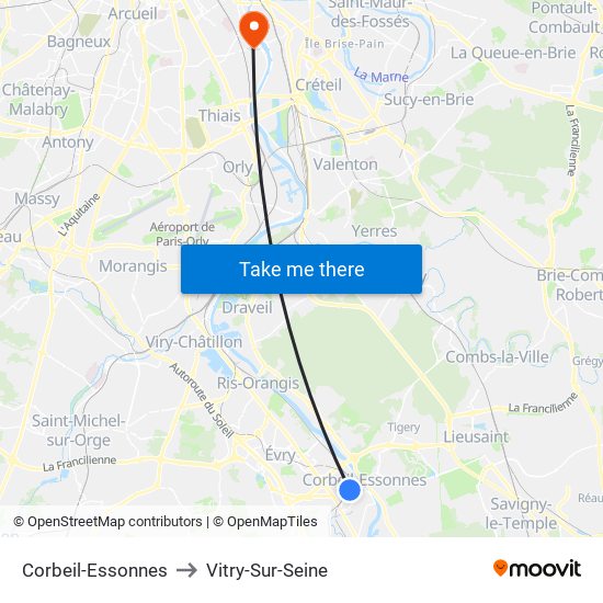 Corbeil-Essonnes to Vitry-Sur-Seine map