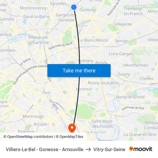 Villiers-Le-Bel - Gonesse - Arnouville to Vitry-Sur-Seine map
