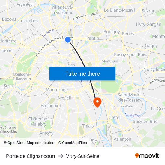 Porte de Clignancourt to Vitry-Sur-Seine map