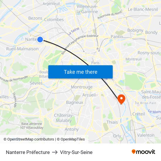 Nanterre Préfecture to Vitry-Sur-Seine map