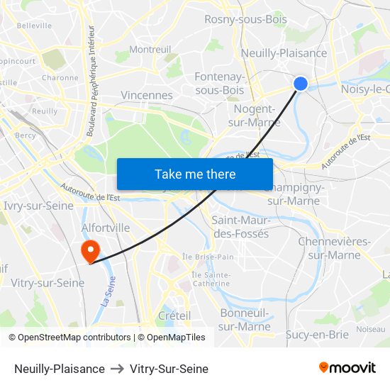 Neuilly-Plaisance to Vitry-Sur-Seine map