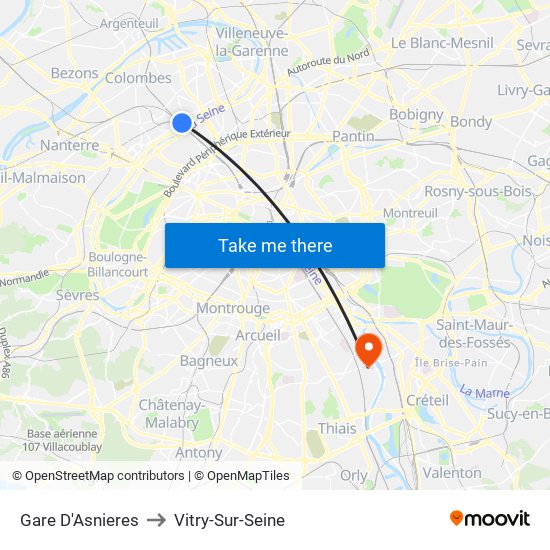 Gare D'Asnieres to Vitry-Sur-Seine map
