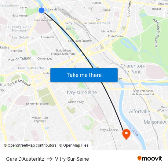 Gare D'Austerlitz to Vitry-Sur-Seine map