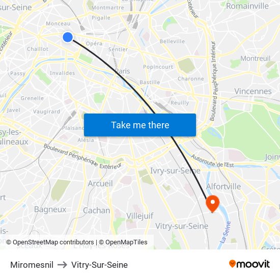 Miromesnil to Vitry-Sur-Seine map