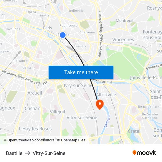 Bastille to Vitry-Sur-Seine map