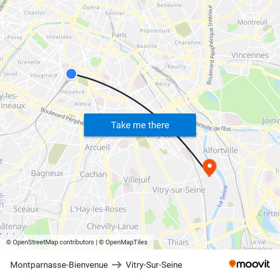 Montparnasse-Bienvenue to Vitry-Sur-Seine map