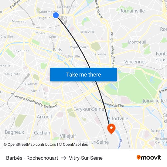 Barbès - Rochechouart to Vitry-Sur-Seine map