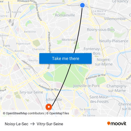 Noisy-Le-Sec to Vitry-Sur-Seine map