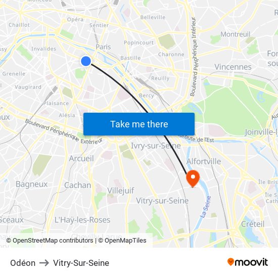 Odéon to Vitry-Sur-Seine map