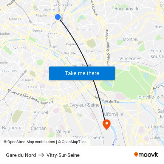 Gare du Nord to Vitry-Sur-Seine map
