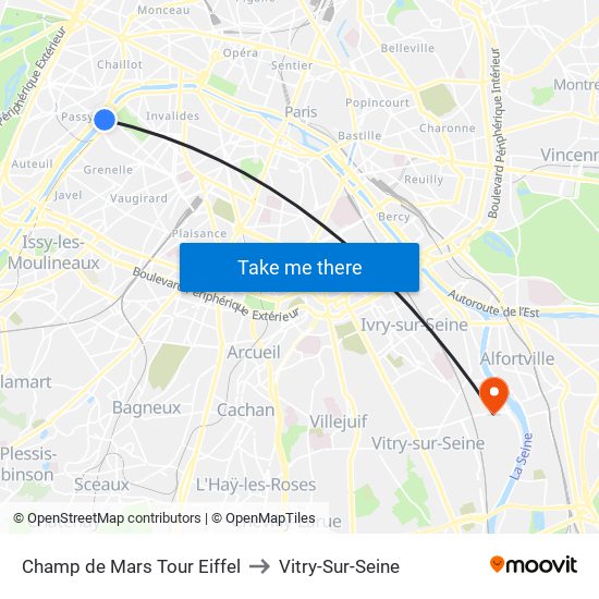 Champ de Mars Tour Eiffel to Vitry-Sur-Seine map