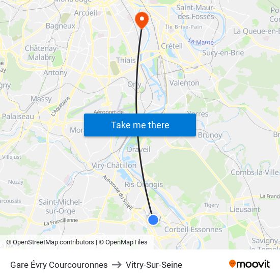Gare Évry Courcouronnes to Vitry-Sur-Seine map
