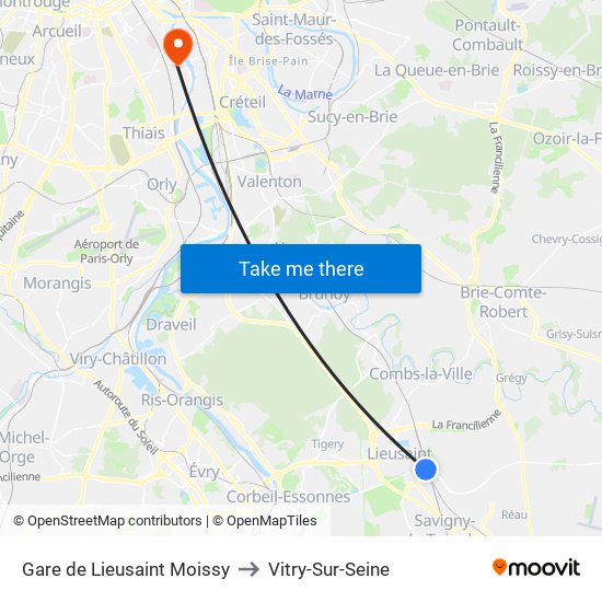 Gare de Lieusaint Moissy to Vitry-Sur-Seine map