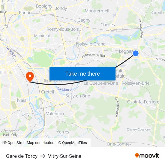 Gare de Torcy to Vitry-Sur-Seine map