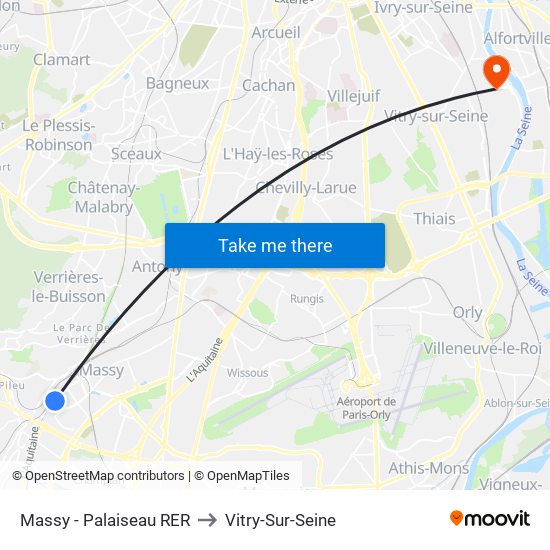 Massy - Palaiseau RER to Vitry-Sur-Seine map