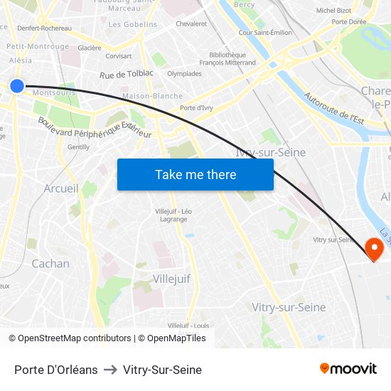 Porte D'Orléans to Vitry-Sur-Seine map