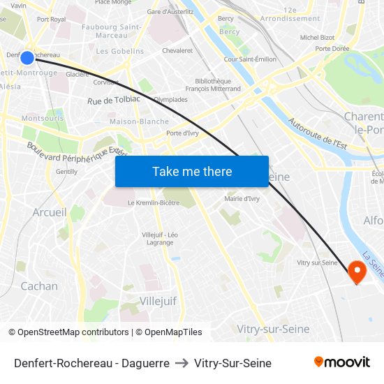 Denfert-Rochereau - Daguerre to Vitry-Sur-Seine map