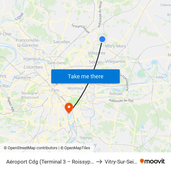 Aéroport Cdg (Terminal 3 – Roissypôle) to Vitry-Sur-Seine map