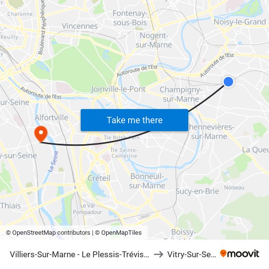 Villiers-Sur-Marne - Le Plessis-Trévise RER to Vitry-Sur-Seine map