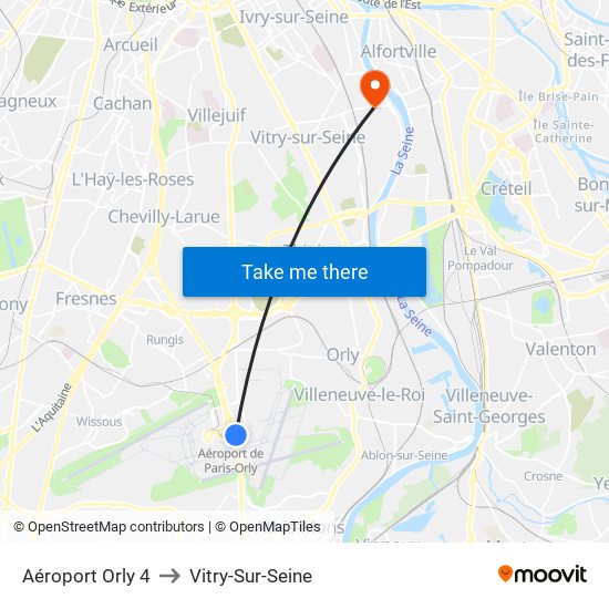 Aéroport Orly 4 to Vitry-Sur-Seine map