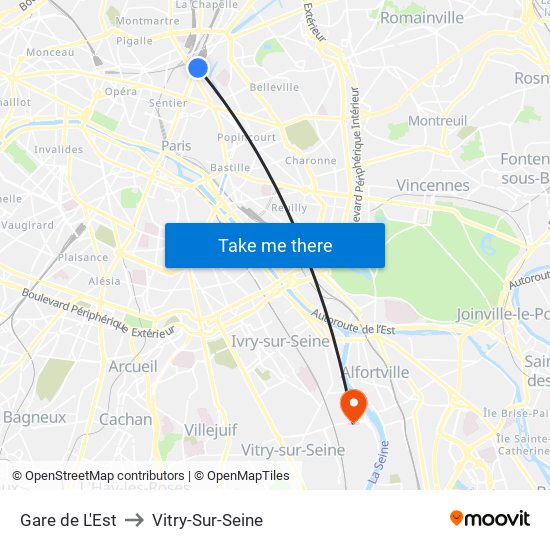 Gare de L'Est to Vitry-Sur-Seine map