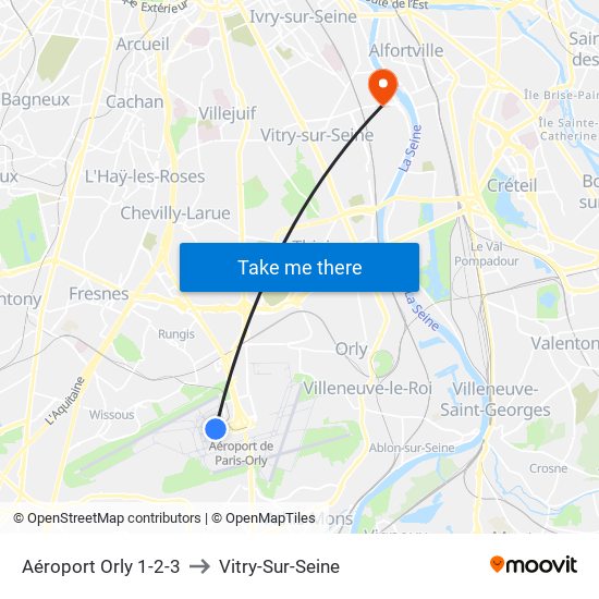 Aéroport Orly 1-2-3 to Vitry-Sur-Seine map