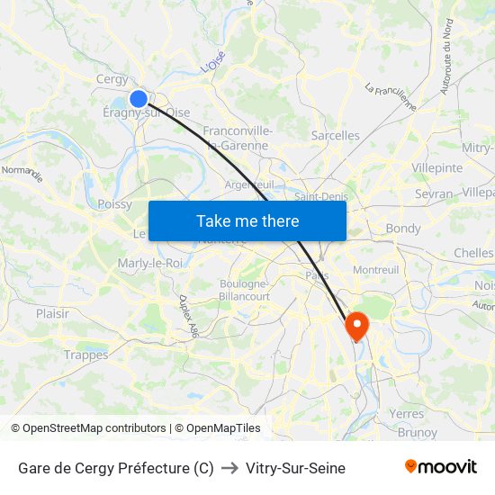Gare de Cergy Préfecture (C) to Vitry-Sur-Seine map