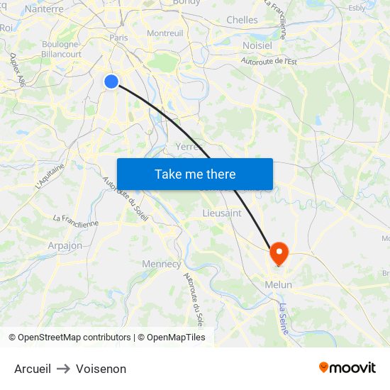 Arcueil to Voisenon map
