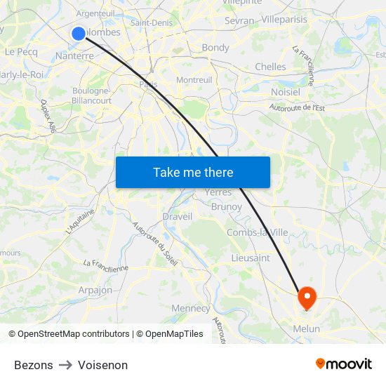Bezons to Voisenon map