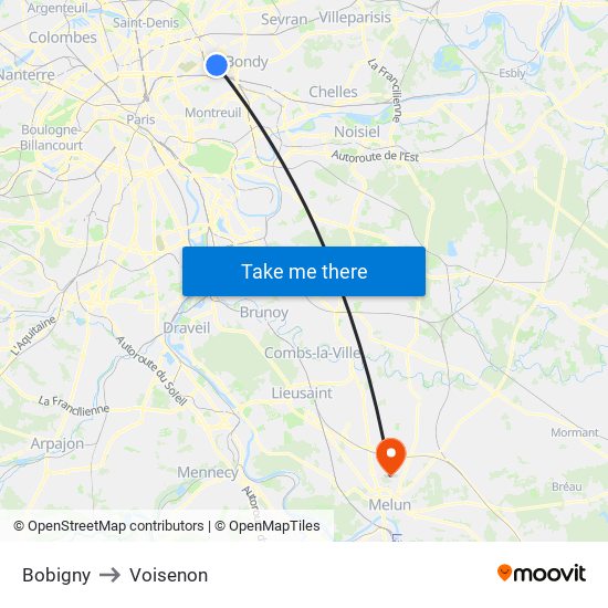 Bobigny to Voisenon map