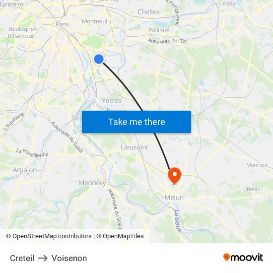 Creteil to Voisenon map