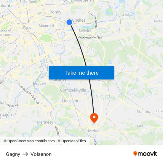 Gagny to Voisenon map