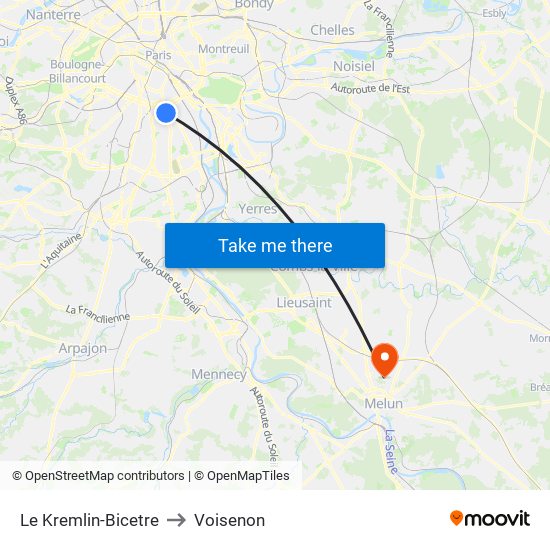Le Kremlin-Bicetre to Voisenon map