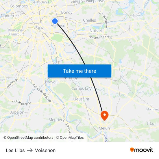 Les Lilas to Voisenon map