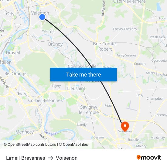 Limeil-Brevannes to Voisenon map