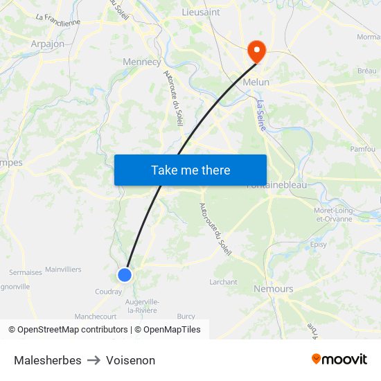 Malesherbes to Voisenon map