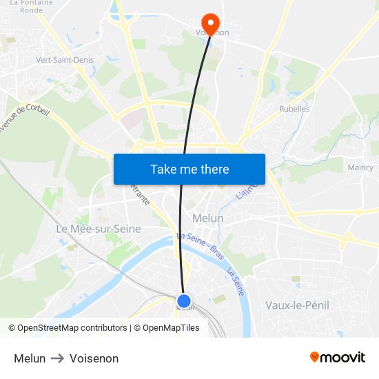 Melun to Voisenon map