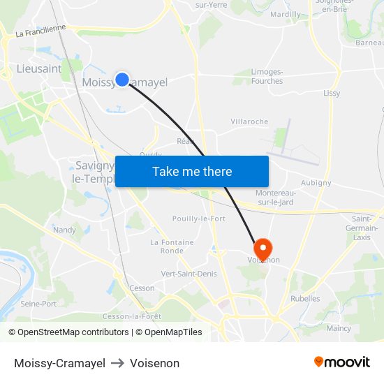 Moissy-Cramayel to Voisenon map