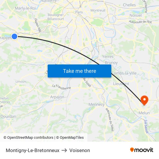 Montigny-Le-Bretonneux to Voisenon map