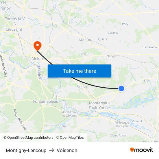 Montigny-Lencoup to Voisenon map