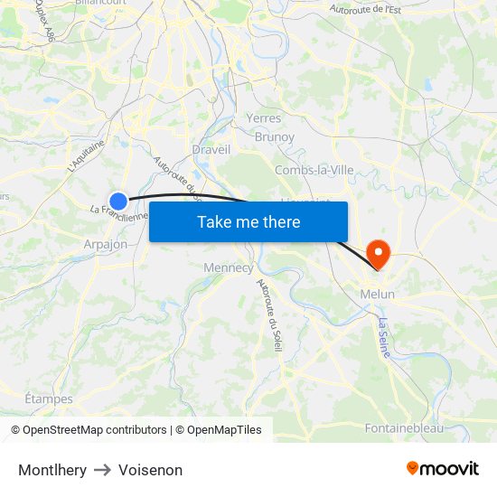 Montlhery to Voisenon map